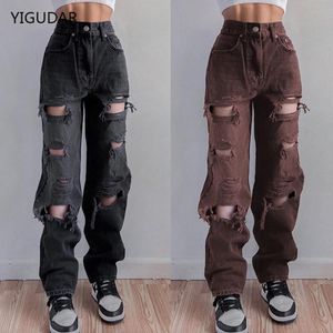 Women's Fashion Sexy Casual Big Holes Long Trousers Jeans Ripped Frayed Loose Denim Pants Women Clothing