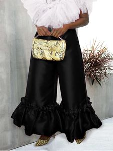 ボトムスプラスサイズフレアパンツハイウエストローズレッドフリル光沢のある長いズボン女性サマーファッションカプリ3xl 4xlレディース4xl