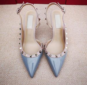 heels black cat Pointed Toe 2-Strap with Studs high heels Patent Leather rivets Sandals Women Studded Strappy Dress Shoes valentine higlt21#