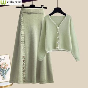 Abito a due pezzi Primavera e autunno Set da donna 2024 Coreano con scollo a V Maglieria Cappotto maglione verde Gonna riducente età 231215