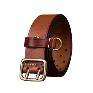 Belts Pure Cowhide 3.8cm Wide Retro Old Trendy Double Pin Buckle Belt For Men Genuine Leather Versatile Male Jeans Luxury