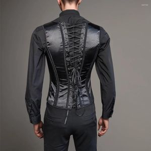 Men's Body Shapers Male Corset Vest Lace Up Boned Tummy Control Vintage Waistcoat Solid Black Slimming Costume XS To 6XL For Wedding Stage