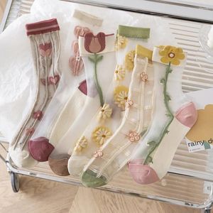 Женские носки, летние ультратонкие прозрачные шелковые носки с кристаллами и вышивкой, цветок тюльпана, эластичные носки средней длины в стиле ретро