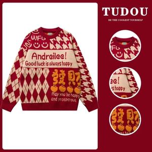 American Hiphop Creative Flocking Letters Couple Women Autumn and Winter Design Feeling Lazy Wind Red Loose Knit Sweater