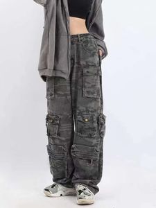 American Retro Camouflage Multi-Pocket Overalls Women's Y2K Street Fashion High midja Slim Wide-Ben raka moppingbyxor