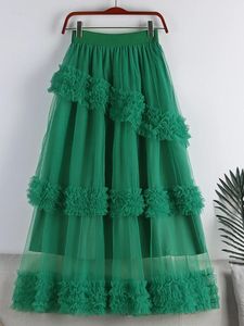 Sukienki Surmiitro 2022 Summer Korean Fashion Green Black Mesh Ruffles Tiulle Midi Long plisowana spódnica Kobiet wysoka talia