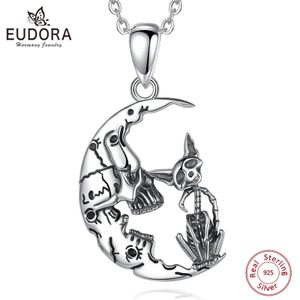 Hängen Eudora Sterling Sier Skull Moon Cat Necklace for Women's Mans Vintage Skull Cat Pene Par Halloween Jewelry Gift