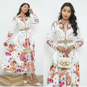 Designer Floral Paisley Print Vintage Shirt Dress with Belt Long Sleeve Lapel Button Women Party Vacation Maxi Dresses Spring Fall Party Slim A-Line Runway Frocks