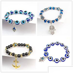 Charm Bracelets Fatima Hand Hamsa Bracelet Jewelry Women Man Gold Sier Color Fashion Blue Devil Evil Eye Plam Bell Beaded Anchor Charm Dhhjv