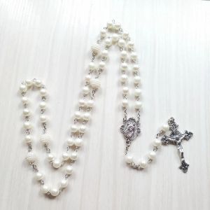 White Acrylic Pearl Long Catholic 14K White Gold Necklace Cross Pendant Rosary Necklace Religious Jewelry