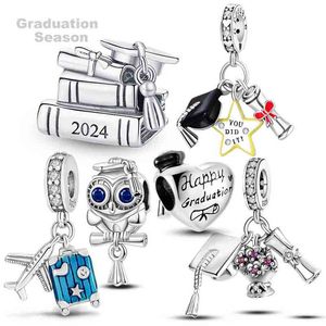 925 Sterling Silver Graduation Season Charms Beads Bachelor Cap Suitcase Airplane Dangle Fit Original Pando Bracelet Jewelry