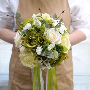 Wedding Flowers Green Tied Artificial Rose Bouquet For Romantic Bridal Bouquets Bridesmaid Valentine's Day Confession