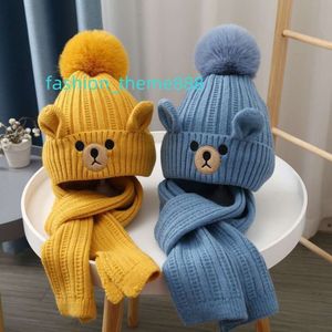 wholesale New Cute Cartoon Children's Hat Scarf Set Winter Knitted Wool Kids' Warm Bear Pullover Hat+Scarf