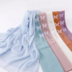Scarves Solid Color Lace Bow Scarf Sheer Chiffon Tassel Head Wrap Silver Filament Wrinkled Butterfly Hijab Elegant Muslim Women Turban