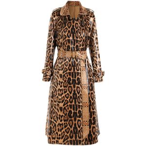 2023 Spring och Autumn Leopard Print Long Trench Coat Goddess Långärmad läder Toppjacka Kvinnaklänning