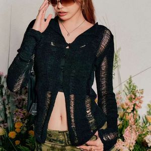 Beerbro American New Y2K Spice Girl Openwork Sweater Ladies Short Y2K Trend Trend Slim Weist Long Sleeve Cardigan Top