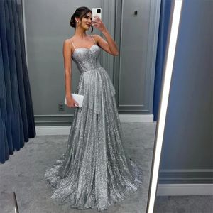 2024 Elegant Silver Evening Prom Dress Spaghetti Strap -paljetter Tiered Formal Party Gowns Vestidos de Fiesta Abendkleider Robe de Soiree