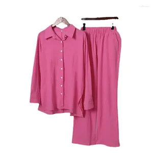 Pantaloni a due pezzi da donna Abito in cotone e lino 2023 Set di vestiti solidi da donna Manica lunga Collo con risvolto Camicia con bottoni Coulisse 2 Pezzi