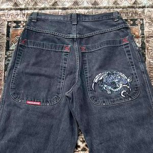 Streetwear JNCO Uomo Haruku Hip Hop Cartoon Grafica Ricamo Jeans larghi Pantaloni neri Pantaloni larghi a vita alta gotici