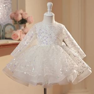 Girl's Dresses Long Sleeve White Toddler Girl Party Sequin for Wedding Kids Formal Prom Evening Gowns Child Eid Costume Princess Dress 231216