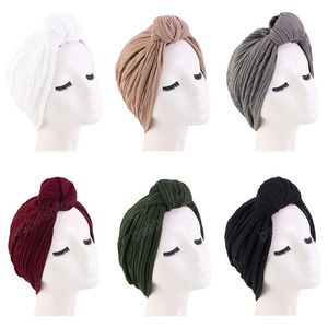 New Women Stretch ruffle Turban Top Knotted Twisted Hairband Female Muslim Indian Hats Bonnet African Chemo Cap Hair accessories