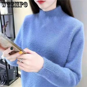 Blends Mink Plush Knitted Sweater Women Half Turtleneck Long Sleeve Jumper Lady Pullover Female Knitwear Autumn Winter Drop Shipping