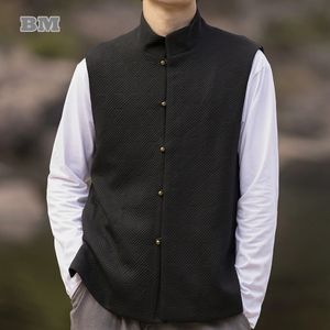 Kamizelki męskie kamizelki w stylu chińskim kamizelka plus dla mężczyzn odzież w stylu vintage swobodne rękawie luźne czarny garnitur wiosenny jesienny płaszcze kurtka 231216