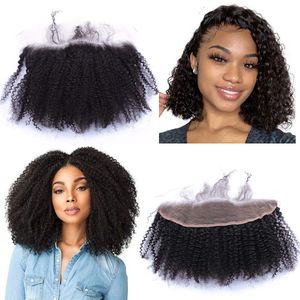 Afro Kinky Curly Human Hair 13x4 Transparent spetsgränser Stängningar Förplockad naturlig hårfäste
