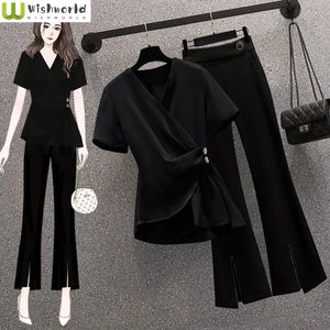 Ternos femininos blazers 2023 verão irregular magro chiffon camisa blusa casual calças de perna larga twopiece elegante terno roupas de escritório 231215