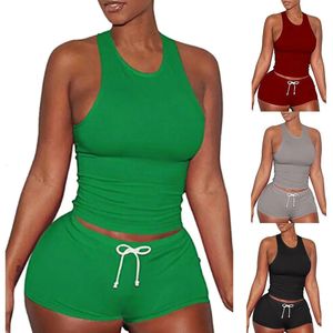 Roupas de ioga 2 peças sexy curto de duas peças terno de corrida feminino sem mangas colete top shorts de cordão algodão conjunto de 2 peças feminino terno de pista e campo 231216