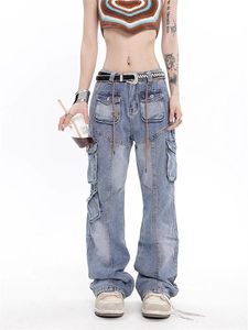 Jeans Haruku Pockets Patchwork Cargo Jeans Y2k Vintage Washing Blue High Waist Streetwear 90s Baggy Jeans Women Pants Straight Leg