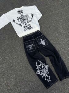 Haruku Hip Hop Vintage Schädel Stickerei Grafik Zerrissene Baggy Jeans Männer Frauen Neue Gothic Breite Füße Hosen Streetwear