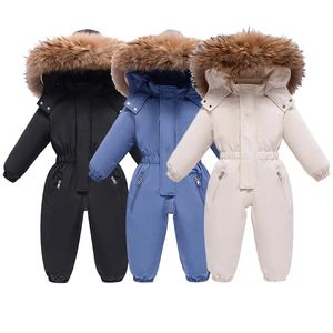 Rompers Winter Baby Jumpsuit Down Thick Warm Warm Spädbarn Huven Päls krage Romper White Black Born Boy Girl Overall Kids Snowsuit 231215