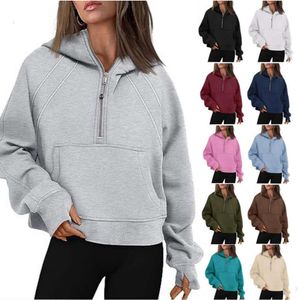 1lululemens-98 Womens scuba hoodie autumn winter yoga suit half zip womens sports sweater loose gym jacket fitness short plush coat sweatshirt womens jumper Y