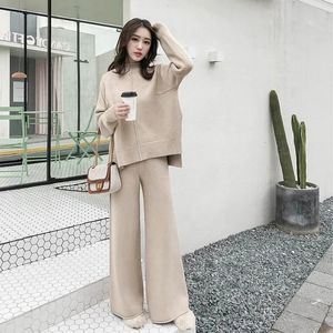 Women's Suits Blazers Spring Knitting Female Sweater Pantsuit For Women Two Piece Set Knitted Pullover Vneck Long Sleeve Top Lady Wide Leg Pants Suit 231215