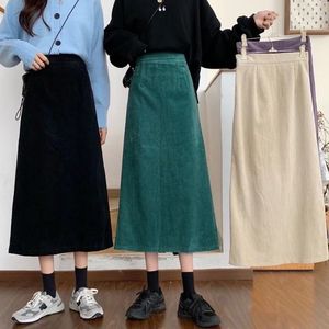 Dress Women Elegant Vintage High Quality Corduroy Skirt Solid Color Fashion Empire Waist Skirts Female Slim Fitting A Line Skirts