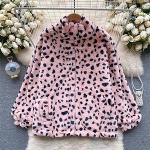 Pele feminina outono feminino solto coreano vintage leopardo impressão fina curto falso jaqueta casual gola manga longa casaco feminino