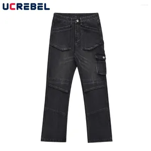 Männer Jeans Streetwear Hip Hop Gespleißte Denim Hosen Herren Herbst Gewaschen Schwarz Multi-tasche Gerade-bein Männer