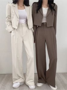 Women's Suits Blazers Women's Solid Casual Suits Blazer Jacket Wide Leg High Waist Pants Office Lady Autumn Spring Crop Tops Coats Two Piece Sets 231216