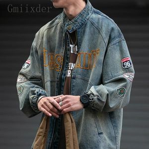 Men's Jackets American Retro Denim Jacket Patch Embroidery Motorcycle Distressed Jeans Coat Men High Street Workwear Zipper Stand Collar Top 231215