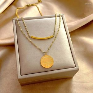 Chains ANENJERY L316 Stainless Steel Double Layer Strip Round Pendant Necklace For Women Men Niche Design Jewery Wholesale