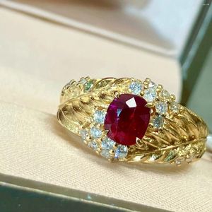 Cluster Rings LR2023 Ruby Pure 18K Gold Jewelry Natural 1.03CT Red Diamonds Kvinnor för kvinnors fina