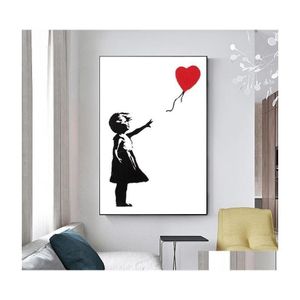 Pinturas Menina com balão vermelho Banksy Iti Art Canvas Pintura Preto e Branco Poster de parede para sala de estar Decoração de casa Cuadros D Drop Dhi3O