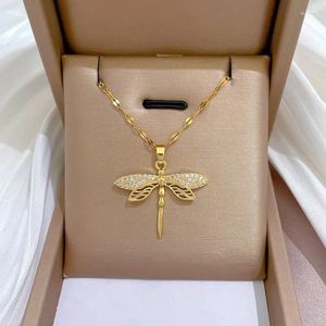 Hänge halsband rostfritt stål vattenkedja ihålig mikrouppsättning zirkon dragonfly koppar kvinnor halsband juveler bijoux femme luxe