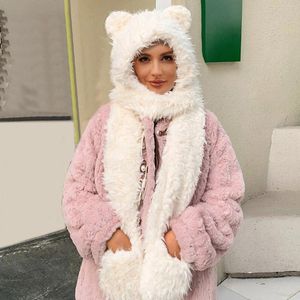 Scarves Women Windproof Three In One Hooded Cap Earflap Hat Long Scarf Gloves Set Winter Thermal Plush