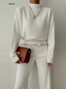 Women's Two Piece Pants Half High Neck Sweater + Wide Leg Pant Sets Autumn Winter Fashion Elastic Casual Two Piece Suit Knit Women Outfits Home Trend J231216