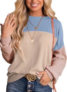 Women's Sweaters Womens Fashion 2023 Color Block Long Sleeve Crewneck Knitted Pullover Shirts Tops