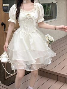 Partykleider Deeptown Fairycore Lolita Beige Kleid Frauen Koreanischer Stil Niedliche japanische süße Schleife geraffte Mesh Puffärmel Mini Prinzessin