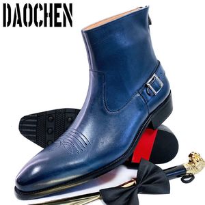 Boots Luxury Men Ankle Boots Zipper Mid-Calf Slip On Casual Dress Shoes Winter Boots Black Blue Leather Basic Boots Men Shoes 231216