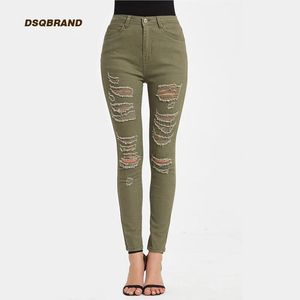 Kot dsqbrand kadın kot yüksek bel ordusu yeşil + beyaz yırtık tays moda sokak tarzı kız erkek arkadaşı yüksek kalite uzun